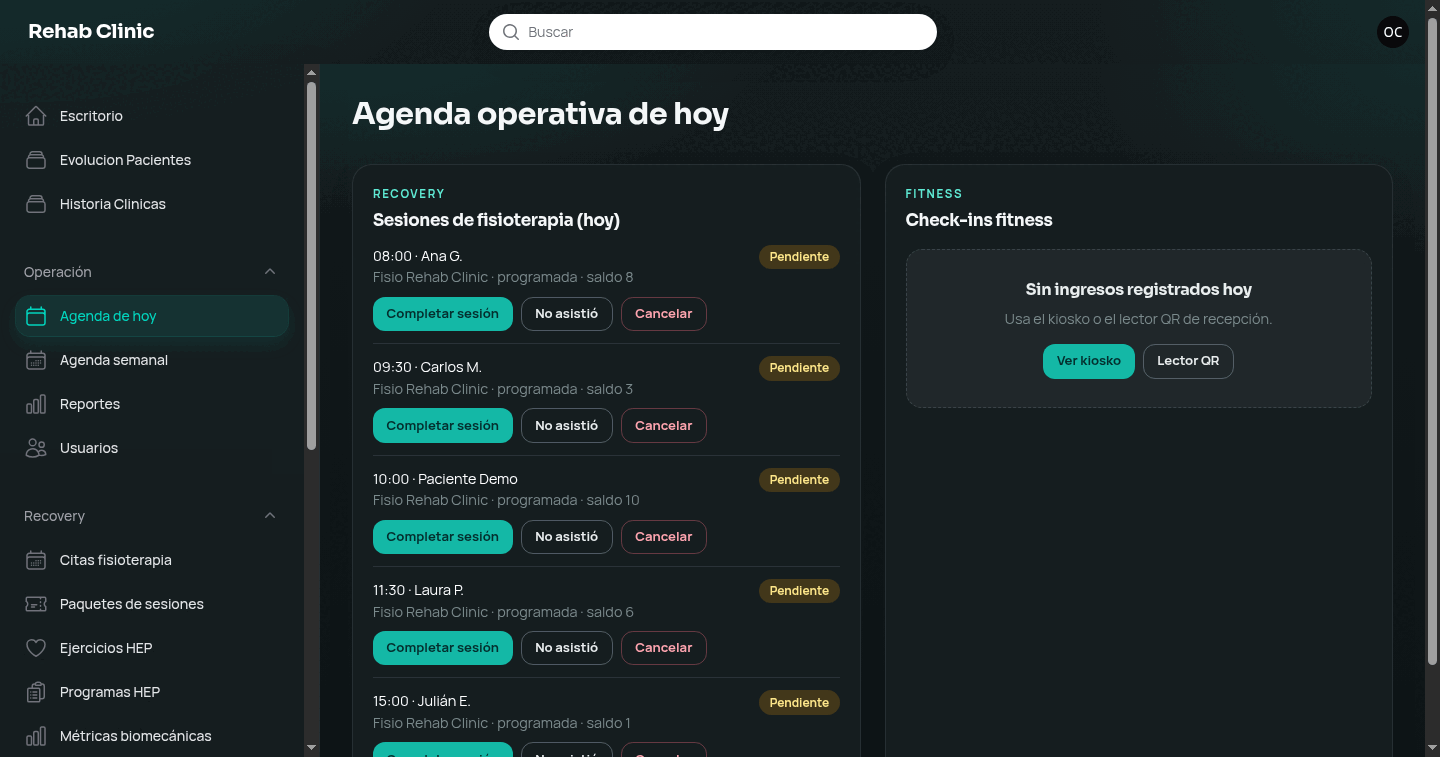 Agenda operativa del día en Kinetix OS con las sesiones de fisioterapia programadas, el saldo del paquete de cada usuario y el botón para completar la sesión.