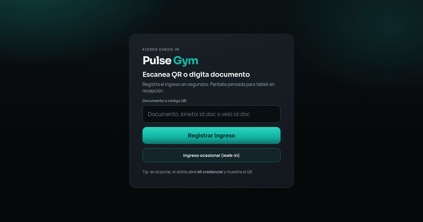 Pantalla de kiosko de Kinetix OS con la marca del centro, pidiendo el documento o el código QR del usuario para registrar el ingreso.